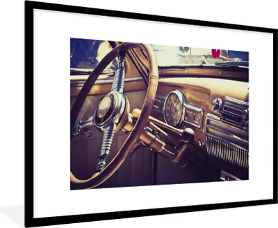 Produktbild von MuchoWow® MuchoWow® Gerahmtes Poster Mancave - Auto - Vintage - Lenkrad 90x60 cm - Poster mit zchwarzem Bilderrahmen - Wanddekoration - Fotos