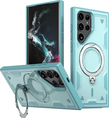 Image de Etui double couche pour Samsung Galaxy S22 Ultra, étui de protection militaire magnétique avec anneau métallique et support Vert menthe