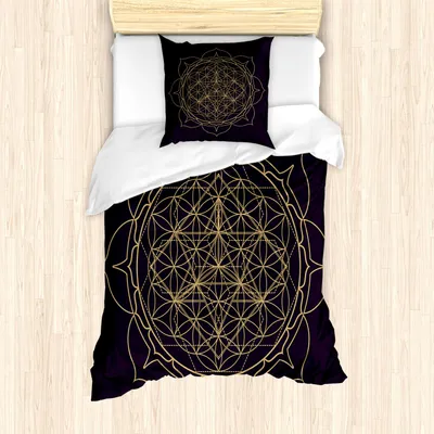 Immagine prodotto di Set copripiumino ABAKUHAUS Mandala, fiore della vita astratto monocromatico, mandala con fiori di loto, armonia, meditazione, 135 x 200 cm + 80 x 80 cm, prugna e senape