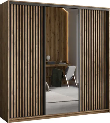 Produktbild von Masseno Schiebetürenschrank ORRA 200/205/60 cm Kleiderschrank mit Spiegel und Lamellen, 4 Schubladen Schlafzimmer Schrank 3-türig Eiche Lefkas + Schwarz