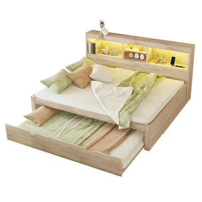 A wooden bed with a pull-out guest bed, decorated with pillows and blankets, and featuring a headboard with shelves and LED lighting.