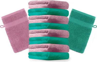 Produktbild von Betz 10 Stück Waschhandschuhe 16x21 cm PREMIUM 100% Baumwolle  Farbe: smaragdgrün und altrosa