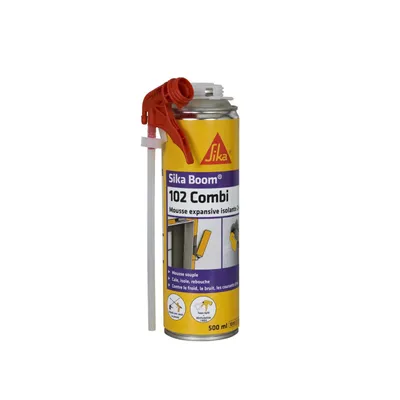 A can of Sika Boom 102 Combi polyurethane foam with a red spray nozzle attached.