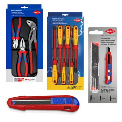 Produktbild von VanFlake Heimwerker Werkzeug Set mit KNIPEX Werkzeugen – Zangenset, 6-tlg. VDE Schraubendreher Set, CutiX Universalmesser & 10 Ersatzklingen