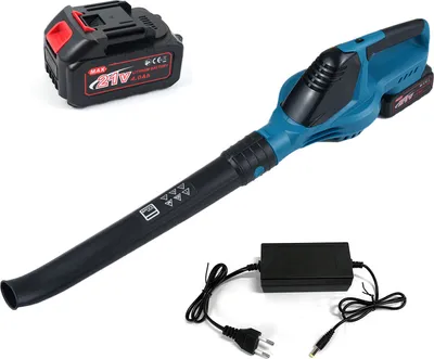 A cordless leaf blower, battery, and charger are displayed on a white background.