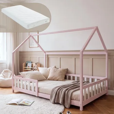 Obrázek produktu pro Dětská postel "Hesel" s matrací a bočními zábranami, rozměry 120 x 200 cm, borovicové dřevo, růžová/bílá