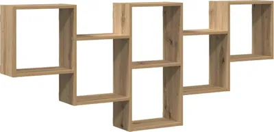 A wooden wall shelf with multiple cubbies.