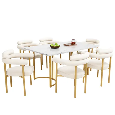 Produktbild von Flieks moderne Essgruppe, stilvoll und bequem, Esstisch mit 6 Stühlen, Sesseln aus cremefarbenem Wildlederstoff, Beige + Golden