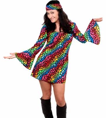 Buntes Hippie Kostüm Lea für Damen mit Regenbogen-Herzmustern, Trompetenärmeln und Stirnband für Fasching und 70er Partys.