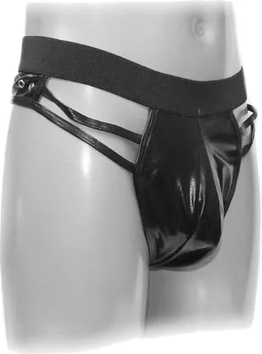 Produktbild von Schwarzes Panty für Mann mit Lederstreifen
