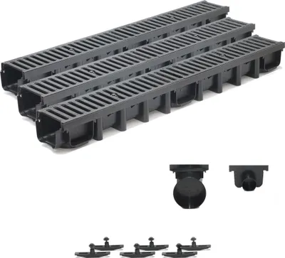 Multiple black drainage channels are arranged diagonally on a white background, with smaller drainage components and fasteners shown below.