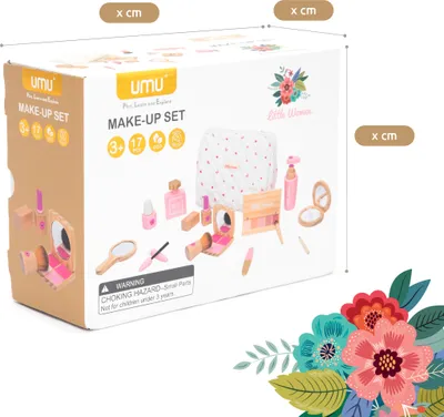 The image shows the packaging of a children's make-up set, with some of the toy items displayed on the front.