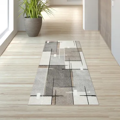Produktbild von Moderner Teppich mit geometrischem Muster – Beige, Grau & Schwarz – Weich & strapazierfähig Größe - 80x140 cm