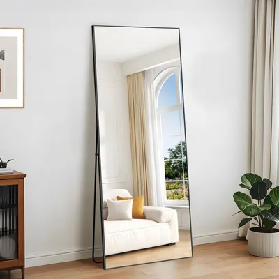 Zdjęcie produktu dla Lustro panoramiczne, 179 x 65 cm. Lustro stojące, lustro do zawieszenia. Rama aluminiowa, kolor czarny. Możliwość zawieszenia lub postawienia. Regulowane