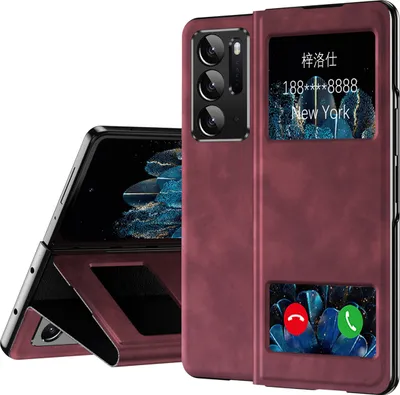 A red flip case for a foldable phone is shown, with the phone partially open and displaying a screen with contact information and call buttons.