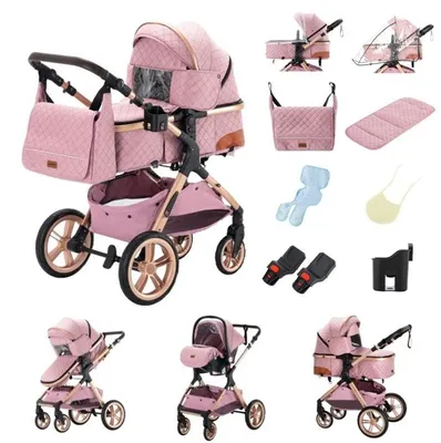 Imagen del producto de Cochecito 3 en 1, carrito combinado de alta calidad, con ruedas robustas y un práctico bolso para pañales, color rosa