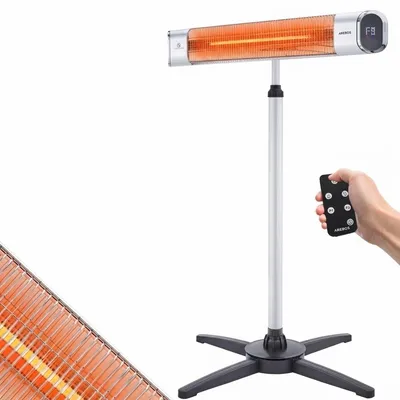 Zdjęcie produktu dla Promiennik podczerwieni AREBOS 2000W srebrny z pilotem i stojakiem krzyżowym