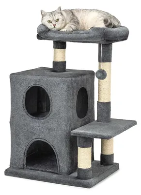 Katzenkratzbaum 80 cm, 2 Höhlen, Liegeplatz, Plüschball, Sisal, dunkelgrau