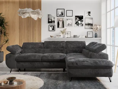 Produktbild von Ecksofa Sofa Anthrazit, Wohnlandschaft L-Form mit Schlaffunktion und Bettkasten, Schlafsofa mit Bettkasten, Sofa mit Einstellbare Kopfstützen, Peter L - Anthrazit Plüsch - Rechts Anthrazit