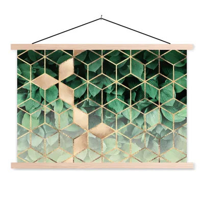 Produktbild von MuchoWow® Textilposter Blätter - Gold - Würfel - Luxus 120x80 cm mit holzfarbenen Rahmen - Aufhängeset