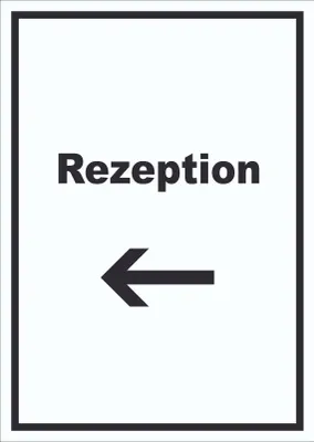 Produktbild von Rezeption Schild mit Text und Richtungspfeil links Anmeldung Eingang hochkant A0 Rückseite selbstklebend