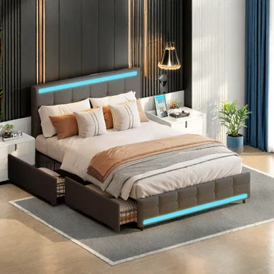 Image de Lit double 140x200 - Lit tapissé - Lit à LED - Lit avec rangement - Lit à lattes - Tissu en lin
