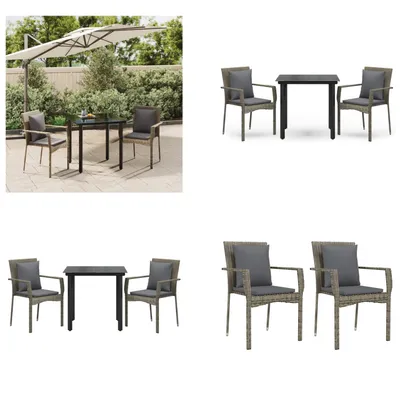 Produktbild von vidaXL 3 tlg. Garten Essgruppe mit Kissen Schwarz und Grau Poly Rattan - Garten Essgruppe - Garten Essgruppen - Essgruppe - Essgruppe Terrasse