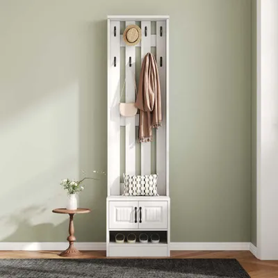 Produktbild von Schuhschrank mit Garderobenfunktion - 2 Türen + 8 Haken, Weiß 50x36x190cm, Platzsparend für Flur