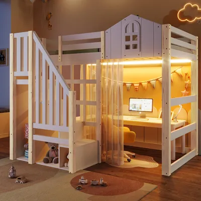 A child's loft bed with a desk and storage underneath, set up in a bedroom.