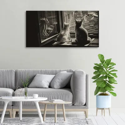Produktbild von Tulup® Leinwandbild -100x50 cm - Wandkunst - Drucke auf Leinwand - Leinwanddruck  - Tiere - Schwarzweiß - Katzen am Fenster