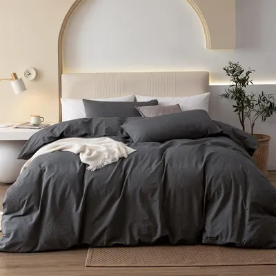 Produktbild von Bettwäsche-Set 155x220 cm Baumwolle Dunkelgrau 3-teilig mit Reißverschluss