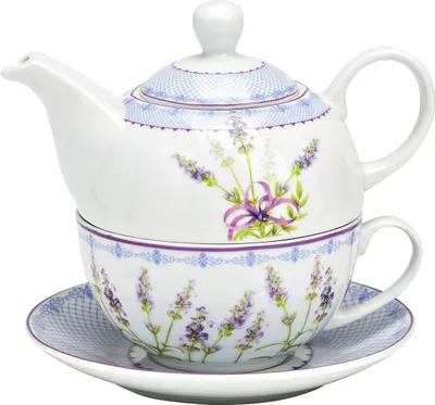 Produktbild von Tee-Set mit Lavendel Motiv für eine Person | Teekanne, Teetasse & Untertasse | Porzellan Teeservice in Geschenkbox | Design Henkel-Tasse, Henkel-Kanne & Unterteller für Teetrinker | Tea for one