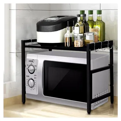 Produktbild von Erweiterbares Mikrowellenregal mit 2 Etagen und 4 Hängenden Haken, Organizer für Küchentheke (Schwarz, 40-64 * 36,5 * 45 cm)