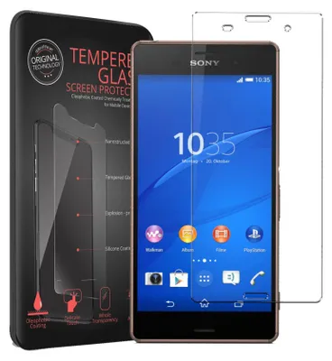 A product shot of a phone screen protector packaging and a Sony smartphone.