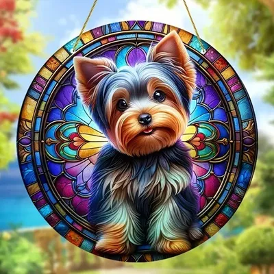 Produktbild von GKA Sonnenfänger Hund Yorkshire bunt 15 cm Buntglas Lichtfänger Fensterbild Fenster Fensterschmuck Fensterdeko Yorki