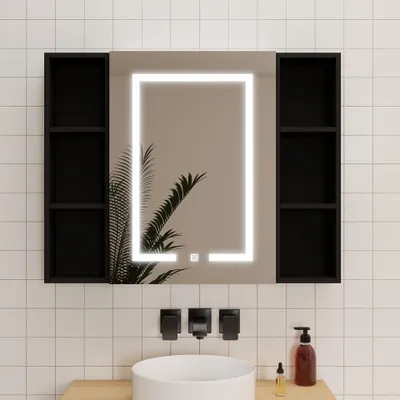 Produktbild von LED Spiegelschrank mit Seiteschrank 80x70cm Rasier-Steckdose Drei Lichtfarbe Dimmbar Touch/Wandschalter Beschlagfrei IP44 - Hochglanz Schwarz