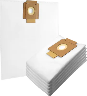 A stack of white vacuum cleaner bags with brown cardboard connectors, and one bag shown separately.