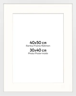 A white picture frame with text indicating its dimensions and what it can hold.