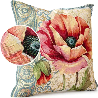 Produktbild von Dekokissen 45x45cm Kissenhülle mit Reißverschluss Sofakissen mit Füllung Mohnblume Gobelin bunt