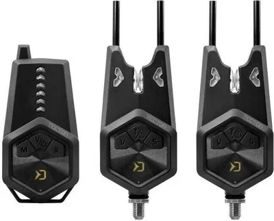 Three black fishing bite alarms are displayed against a white background.