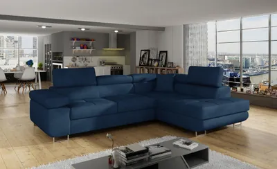 Productafbeelding van Eckbank met slaapfunctie, model SARRA, bekleed met stof Kronos in donkerblauw, met een ottomaan aan de rechterkant