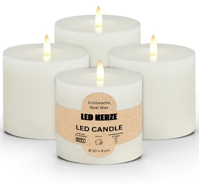Image de Lot de 4 bougies LED en cire, flamme vacillante, Ø 10x9 cm, blanc