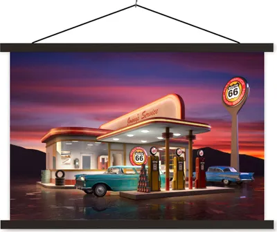 Produktbild von MuchoWow® Textilposter Tankstelle - Auto - Oldtimer 150x100 cm mit schwarzem Rahmen - Schlafzimmer