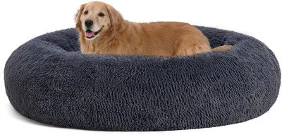 Image de Coussin orthopédique pour chien, lit rond pour chien, canapé pour chien, coussin pour chien, forme beignet, coussin douillet pour chien, lavable, 120 cm de diamètre, gris foncé