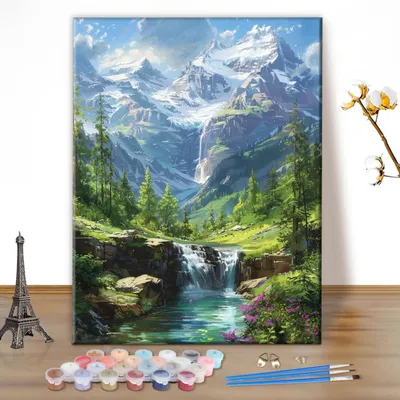 Immagine prodotto di Kit per dipingere per adulti, soggetto: montagne e cascata, dimensioni 30x40 cm, tela, colori acrilici, pennelli