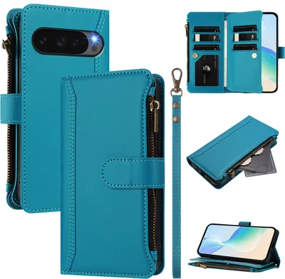 Image de Étui pour Google Pixel 9 Pro XL, zippé, étui portefeuille en cuirPolyuréthaneà rabat avec poches pour cartes, support et boucle pour les mains Lake blue