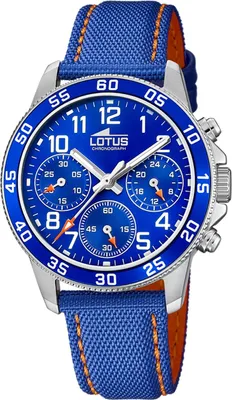 A close-up studio shot of a blue chronograph watch with a blue and orange fabric strap.
