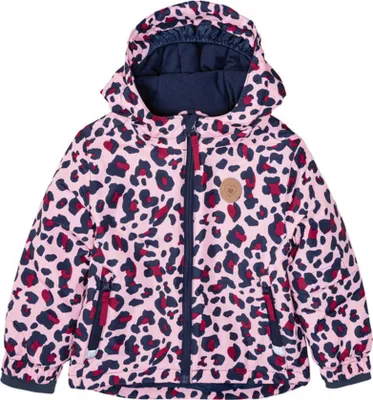 A children's jacket with a leopard print pattern.