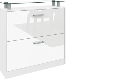 A white, high-gloss shoe cabinet with two drawers and a glass top, shown against a white background.