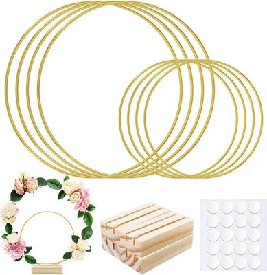 Produktbild von Metallene Blumenbänder - 8 Stücke - Mittelstück mit 4 Holzständern - Goldene Kransringe - Hochzeitsdekorationen - Wandhängekränze - 10 cm und 20 cm